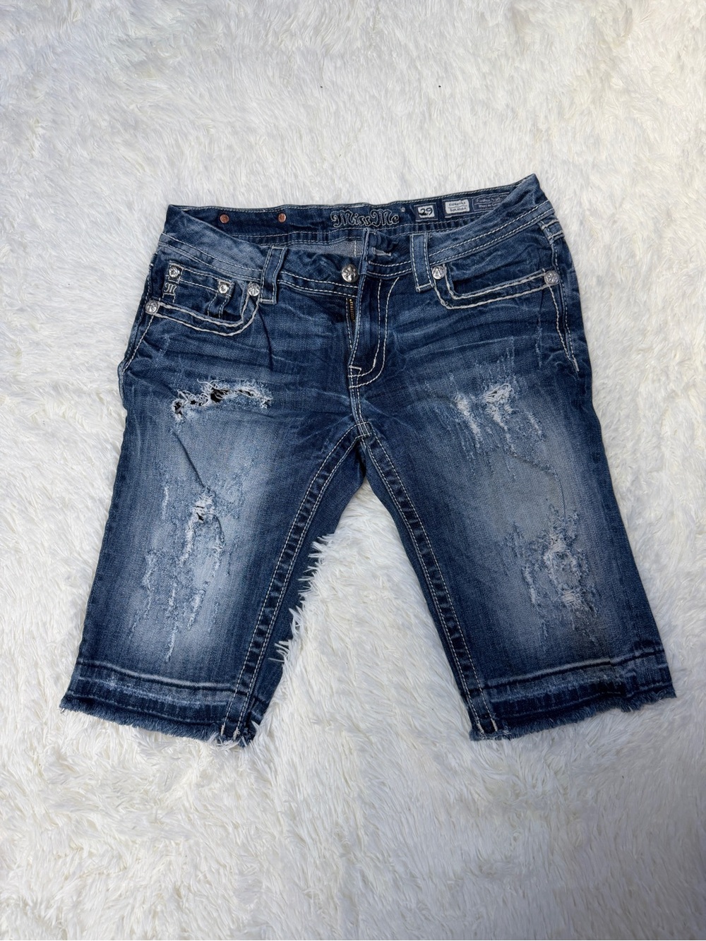 Miss Me Distressed Dark Blue Denim Jean Shorts